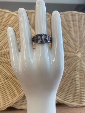 Hematite tone Ring with Purple Baguette Stones - Women's Fashion Ring